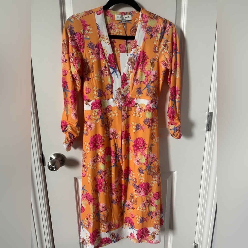 NWT XS Hale Bob Orange and Pink Wrap Sundress with Bishop Sleeves